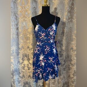 Blue Floral Wrap Mini Ruffle Dress Medium